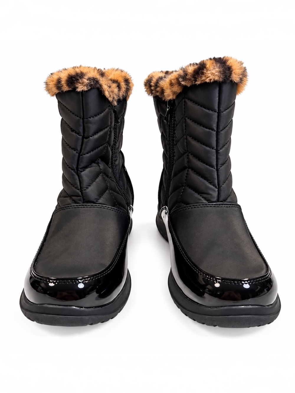 Weatherproof Womens 9 Black Quilted Faux Fur Patent Waterproof Snow Boots Zip